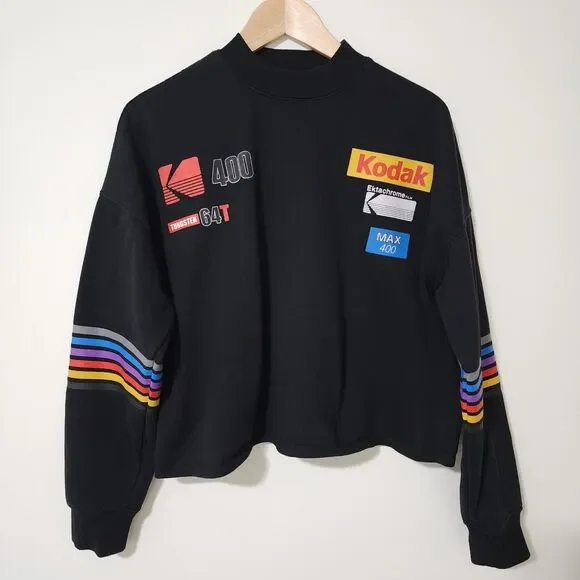 Forever 21 Kodak Womens Graphic Print Cropped Sweatshirt Black Fleece Size 1X - Picture 1 of 11